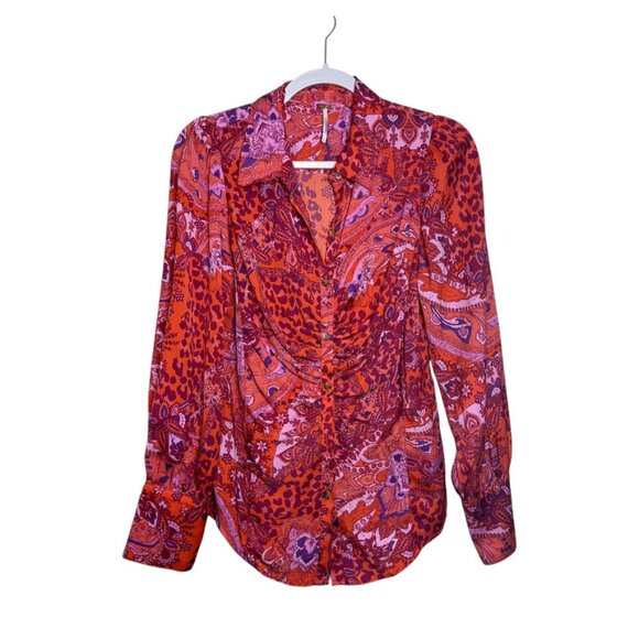 Free People Bianca Printed Blouse Women S Red Animal Print Ruched Button Up Boho - Picture 1 of 9